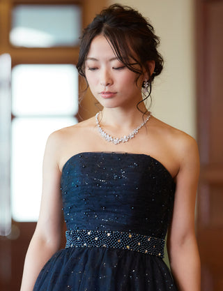 TWEED DRESS(ツイードドレス)のダークネイビーロングドレス・スパンコールチュール｜TH1450-DNYの上半身正面画像です。