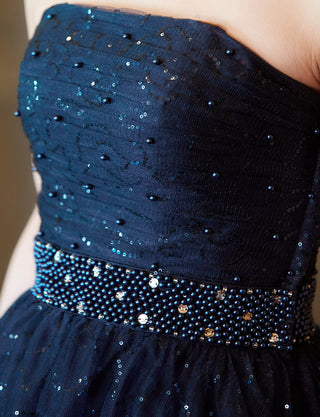 TWEED DRESS(ツイードドレス)のダークネイビーロングドレス・スパンコールチュール｜TH1450-DNYの上半身装飾拡大画像です。