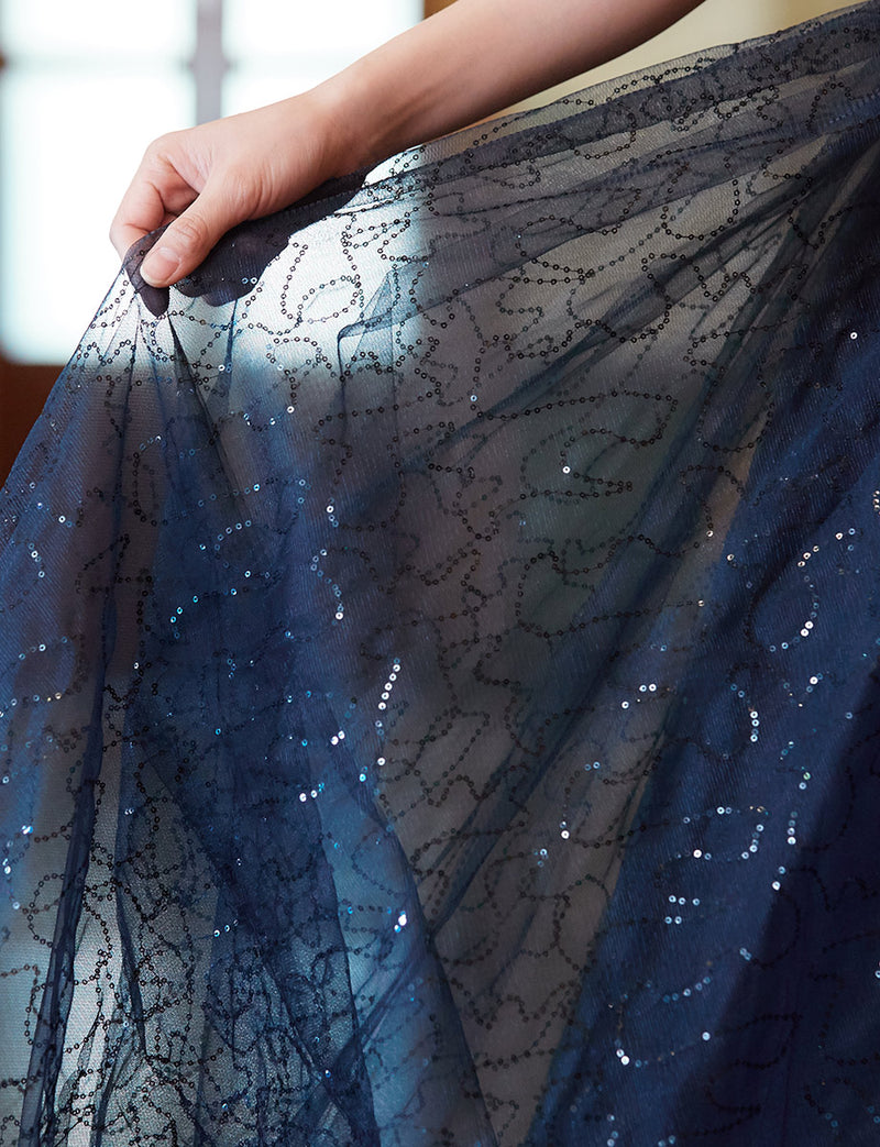 TWEED DRESS(ツイードドレス)のダークネイビーロングドレス・スパンコールチュール｜TH1450-DNYのスカート拡大画像です。