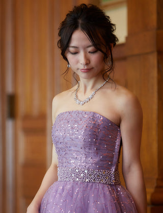 TWEED DRESS(ツイードドレス)のラベンダーロングドレス・スパンコールチュール｜TH1450-LVの上半身斜め画像です。