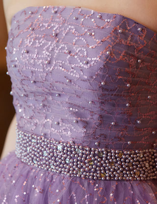 TWEED DRESS(ツイードドレス)のラベンダーロングドレス・スパンコールチュール｜TH1450-LVの上半身装飾拡大画像です。