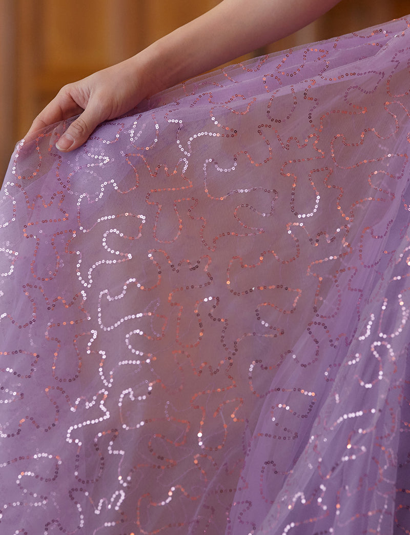 TWEED DRESS(ツイードドレス)のラベンダーロングドレス・スパンコールチュール｜TH1450-LVのスカート拡大画像です。