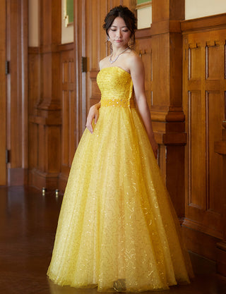 TWEED DRESS(ツイードドレス)のレモンイエローロングドレス・スパンコールチュール｜TH1450-LYWの全身斜め画像です。