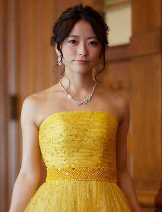 TWEED DRESS(ツイードドレス)のレモンイエローロングドレス・スパンコールチュール｜TH1450-LYWの上半身正面画像です。