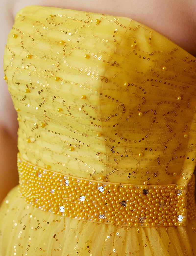 TWEED DRESS(ツイードドレス)のレモンイエローロングドレス・スパンコールチュール｜TH1450-LYWの上半身装飾拡大画像です。