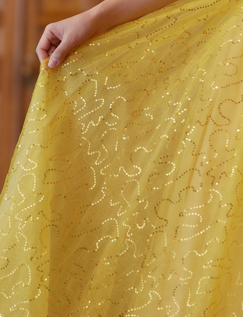 TWEED DRESS(ツイードドレス)のレモンイエローロングドレス・スパンコールチュール｜TH1450-LYWのスカート拡大画像です。