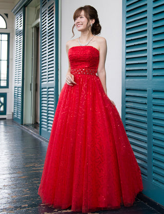 TWEED DRESS(ツイードドレス)のレッドロングドレス・スパンコールチュール｜TH1450-RDの全身斜め画像です。