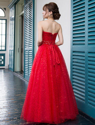 TWEED DRESS(ツイードドレス)のレッドロングドレス・スパンコールチュール｜TH1450-RDの全身背面画像です。