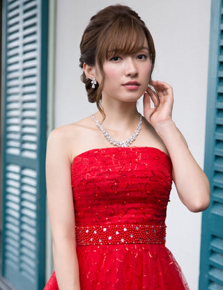 TWEED DRESS(ツイードドレス)のレッドロングドレス・スパンコールチュール｜TH1450-RDの上半身正面画像です。