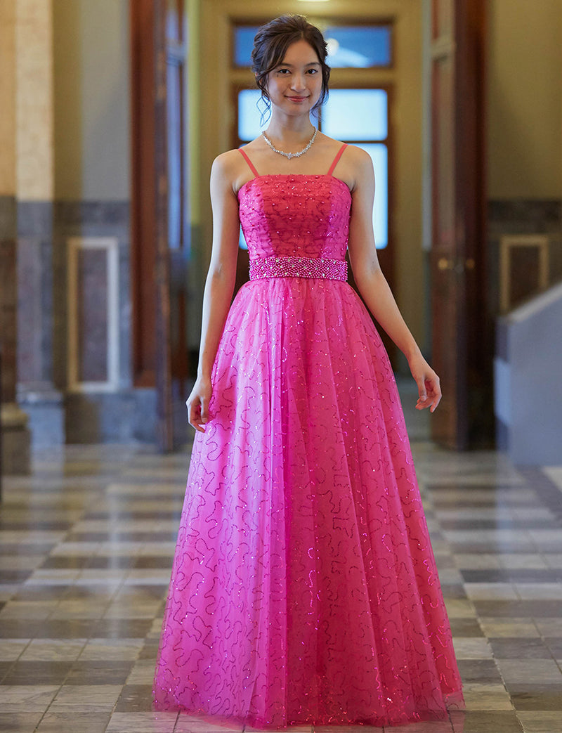 TWEED DRESS(ツイードドレス)のルージュピンクロングドレス・スパンコールチュール｜TH1450-RPKの全身正面ストラップ着用画像です。