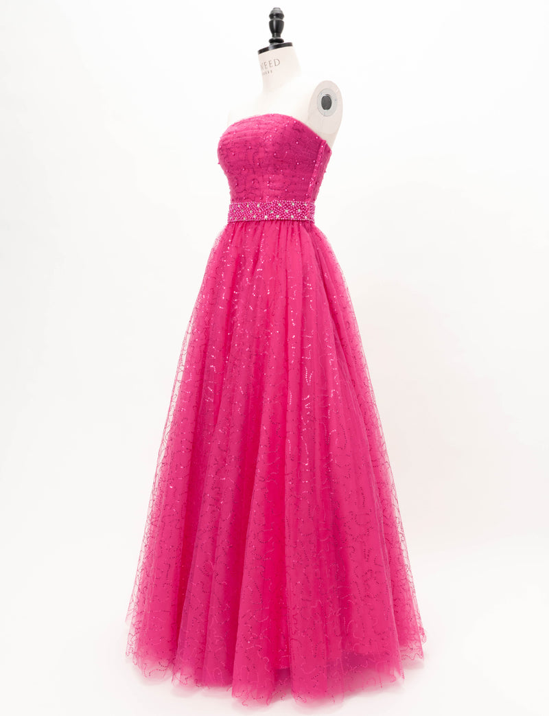 TWEED DRESS(ツイードドレス)のルージュピンクロングドレス・スパンコールチュール｜TH1450-RPKのトルソー全身斜め画像です。