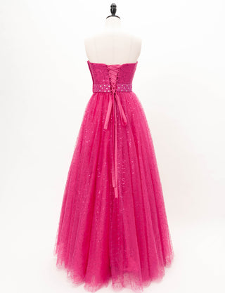 TWEED DRESS(ツイードドレス)のルージュピンクロングドレス・スパンコールチュール｜TH1450-RPKのトルソー全身背面画像です。