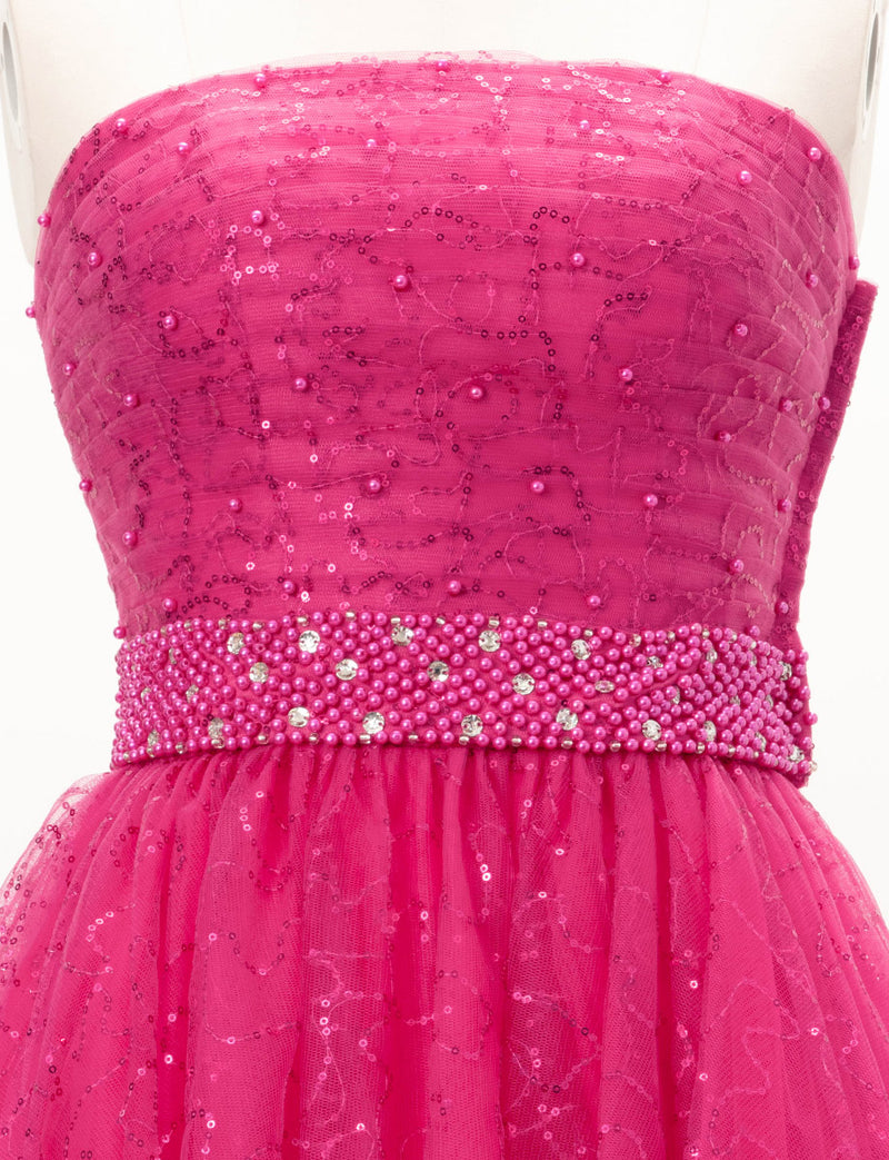 TWEED DRESS(ツイードドレス)のルージュピンクロングドレス・スパンコールチュール｜TH1450-RPKのトルソー上半身正面画像です。