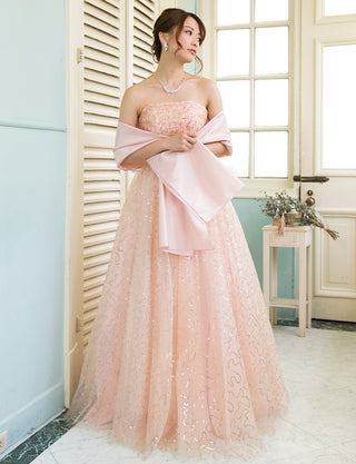 TWEED DRESS(ツイードドレス)のシェルピンクロングドレス・スパンコールチュール｜TH1450-SHPKの全身正面ストール着用画像です。