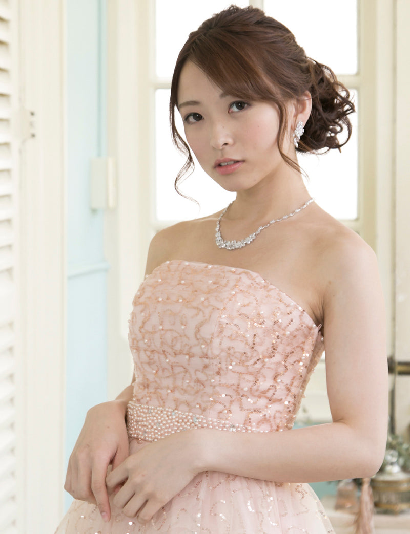 TWEED DRESS(ツイードドレス)のシェルピンクロングドレス・スパンコールチュール｜TH1450-SHPKの上半身斜め画像です。