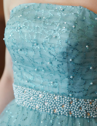 TWEED DRESS(ツイードドレス)のターコイズブルーロングドレス・スパンコールチュール｜TH1450-TQBLの上半身装飾拡大画像です。