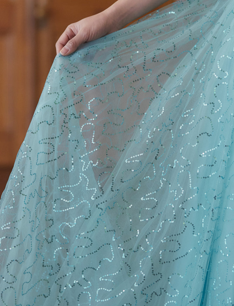 TWEED DRESS(ツイードドレス)のターコイズブルーロングドレス・スパンコールチュール｜TH1450-TQBLのスカート拡大画像です。