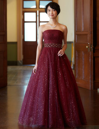 TWEED DRESS(ツイードドレス)のワインレッドロングドレス・スパンコールチュール｜TH1450-WRDの全身正面画像です。