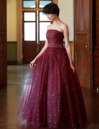TWEED DRESS(ツイードドレス)のワインレッドロングドレス・スパンコールチュール｜TH1450-WRDの全身斜め画像です。