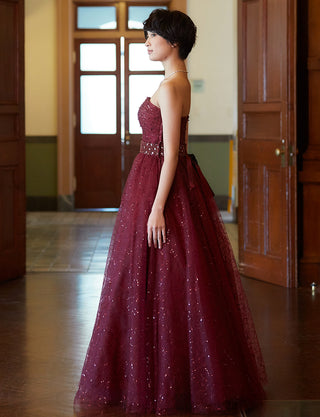TWEED DRESS(ツイードドレス)のワインレッドロングドレス・スパンコールチュール｜TH1450-WRDの全身側面画像です。