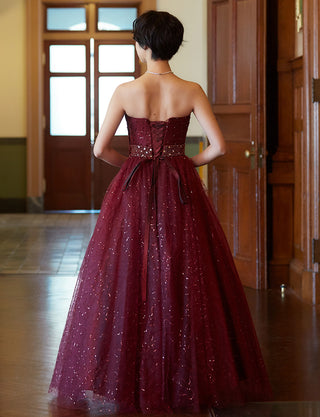 TWEED DRESS(ツイードドレス)のワインレッドロングドレス・スパンコールチュール｜TH1450-WRDの全身背面画像です。