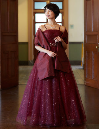TWEED DRESS(ツイードドレス)のワインレッドロングドレス・スパンコールチュール｜TH1450-WRDの全身正面ストール着用画像です。