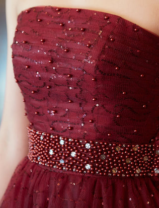 TWEED DRESS(ツイードドレス)のワインレッドロングドレス・スパンコールチュール｜TH1450-WRDの上半身装飾拡大画像です。