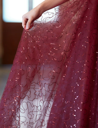 TWEED DRESS(ツイードドレス)のワインレッドロングドレス・スパンコールチュール｜TH1450-WRDのスカート拡大画像です。