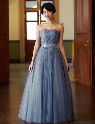 TWEED DRESS(ツイードドレス)のブルーグレーロングドレス・チュール｜TH1454-BLGYの全身正面画像です。