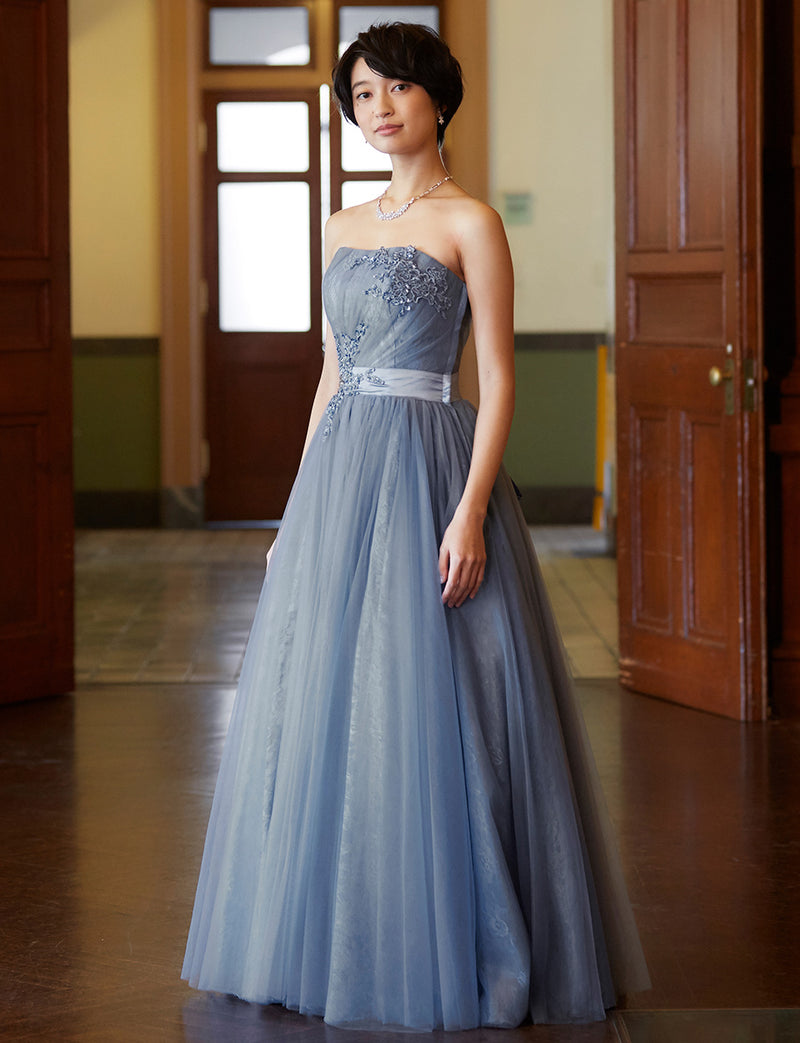 TWEED DRESS(ツイードドレス)のブルーグレーロングドレス・チュール｜TH1454-BLGYの全身斜め画像です。