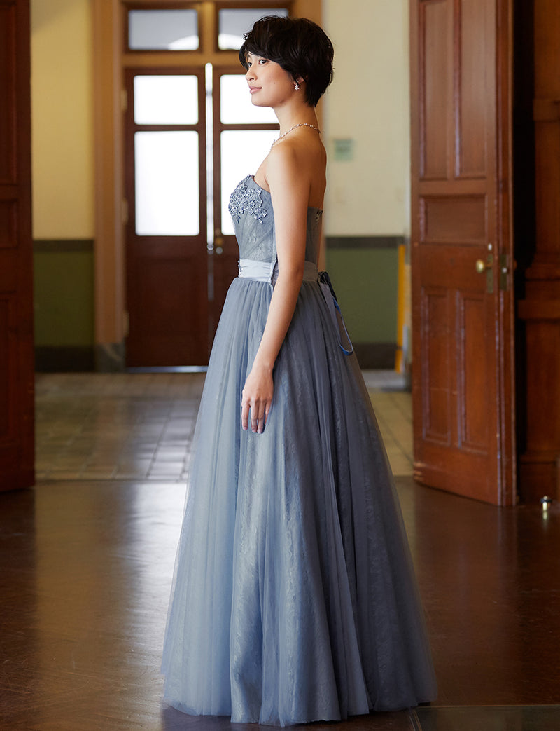 TWEED DRESS(ツイードドレス)のブルーグレーロングドレス・チュール｜TH1454-BLGYの全身側面画像です。