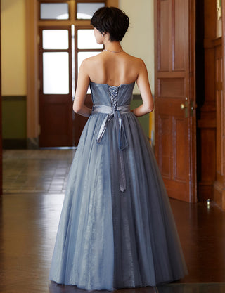 TWEED DRESS(ツイードドレス)のブルーグレーロングドレス・チュール｜TH1454-BLGYの全身背面画像です。