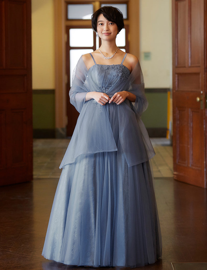 TWEED DRESS(ツイードドレス)のブルーグレーロングドレス・チュール｜TH1454-BLGYの全身正面ストール着用画像です。