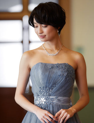 TWEED DRESS(ツイードドレス)のブルーグレーロングドレス・チュール｜TH1454-BLGYの上半身正面画像です。