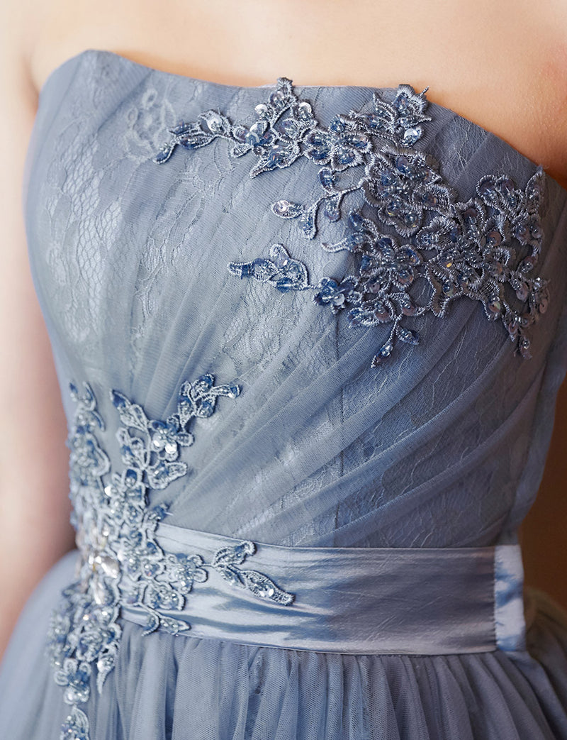 TWEED DRESS(ツイードドレス)のブルーグレーロングドレス・チュール｜TH1454-BLGYの上半身装飾拡大画像です。