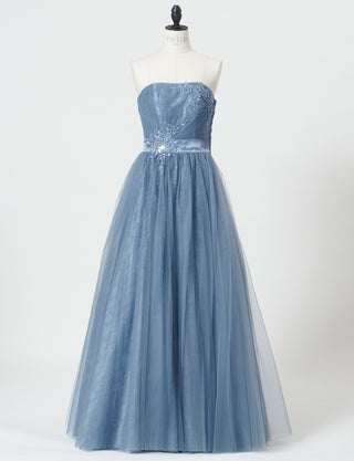 TWEED DRESS(ツイードドレス)のブルーグレーロングドレス・チュール｜TH1454-BLGYのトルソー全身正面画像です。