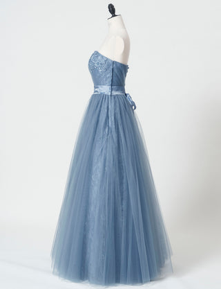TWEED DRESS(ツイードドレス)のブルーグレーロングドレス・チュール｜TH1454-BLGYのトルソー全身側面画像です。