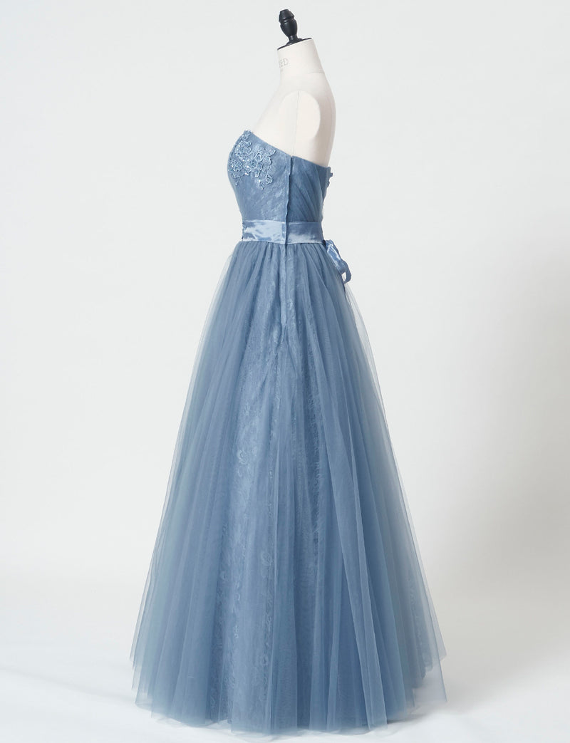TWEED DRESS(ツイードドレス)のブルーグレーロングドレス・チュール｜TH1454-BLGYのトルソー全身側面画像です。