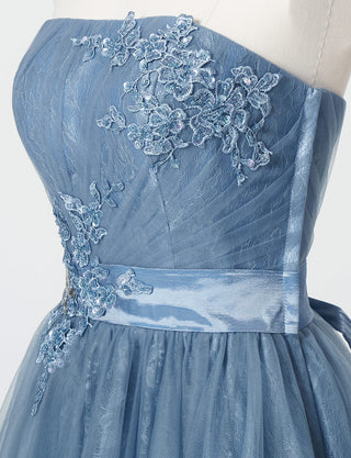 TWEED DRESS(ツイードドレス)のブルーグレーロングドレス・チュール｜TH1454-BLGYのトルソー上半身斜め画像です。