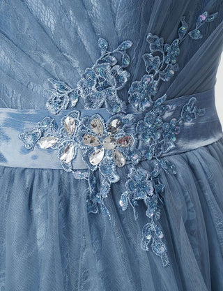 TWEED DRESS(ツイードドレス)のブルーグレーロングドレス・チュール｜TH1454-BLGYの上半身ウエスト装飾拡大画像です。