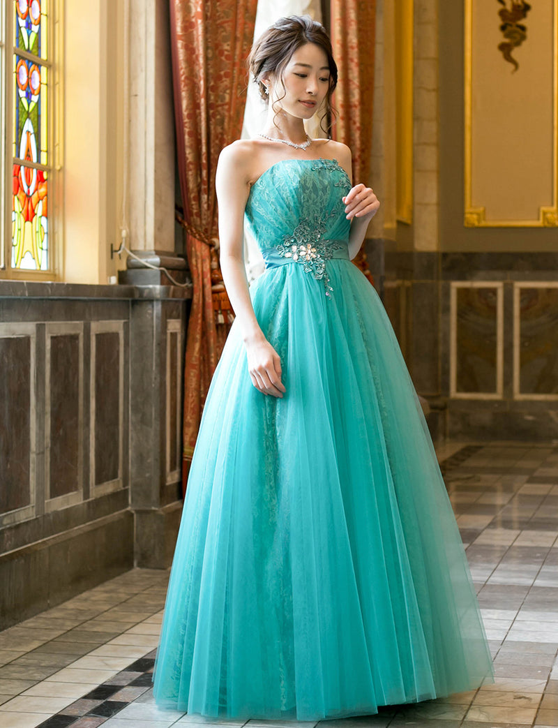 TWEED DRESS(ツイードドレス)のアクアミントロングドレス・チュール｜TH1454-AMTの全身斜め画像です。