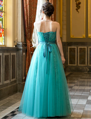TWEED DRESS(ツイードドレス)のアクアミントロングドレス・チュール｜TH1454-AMTの全身背面画像です。