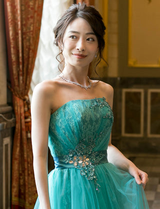 TWEED DRESS(ツイードドレス)のアクアミントロングドレス・チュール｜TH1454-AMTの上半身斜め画像です。