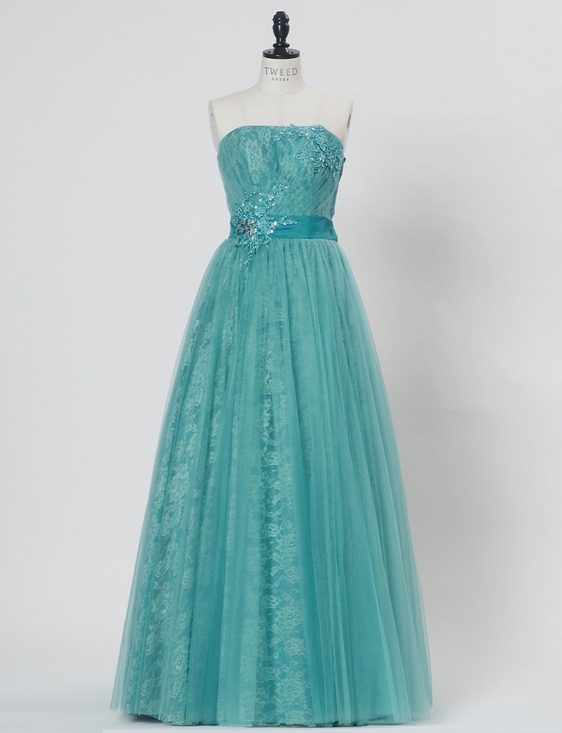 TWEED DRESS(ツイードドレス)のアクアミントロングドレス・チュール｜TH1454-AMTのトルソー全身正面画像です。
