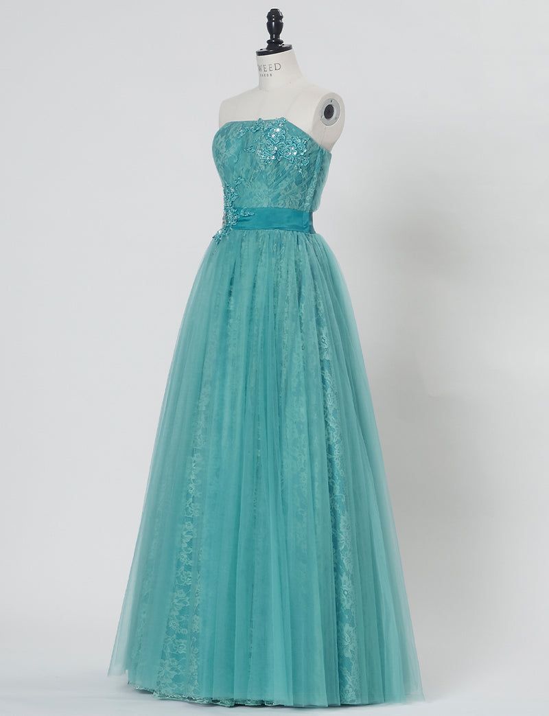 TWEED DRESS(ツイードドレス)のアクアミントロングドレス・チュール｜TH1454-AMTのトルソー全身斜め画像です。
