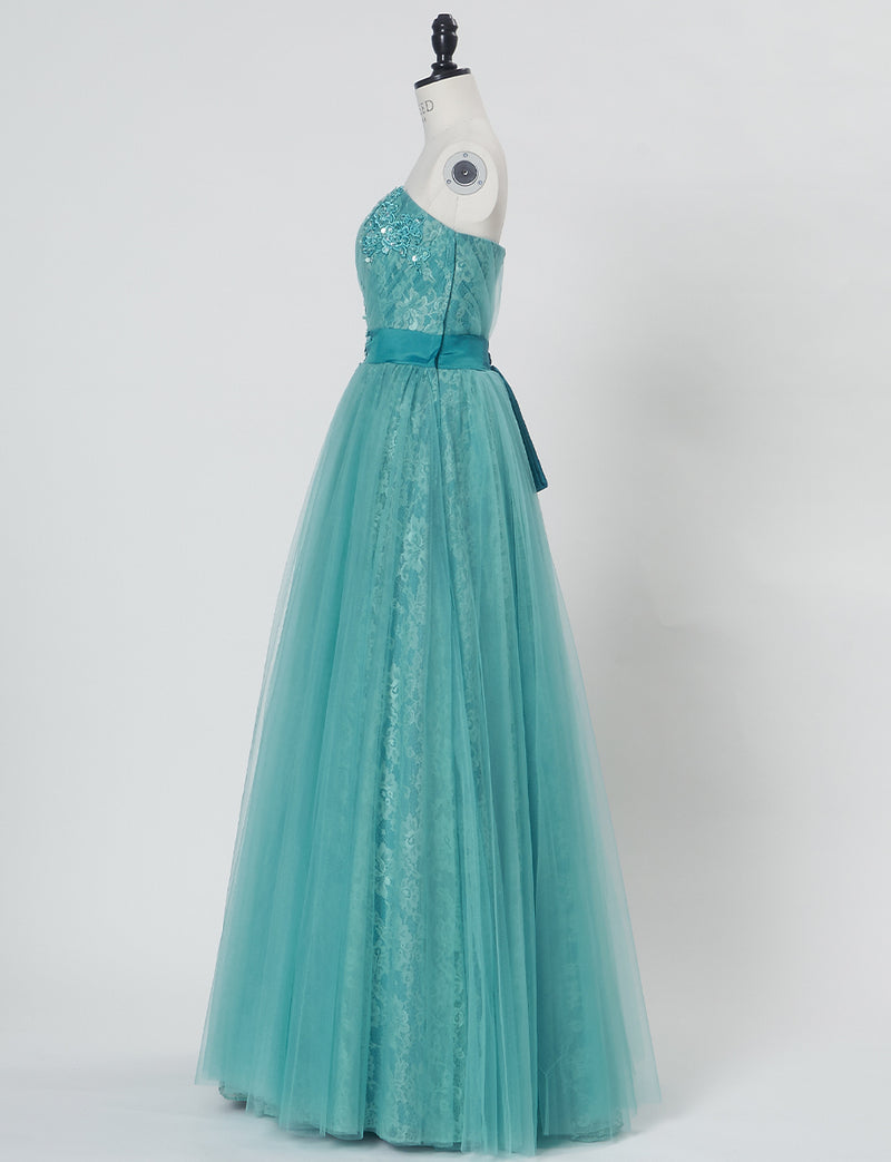 TWEED DRESS(ツイードドレス)のアクアミントロングドレス・チュール｜TH1454-AMTのトルソー全身側面画像です。