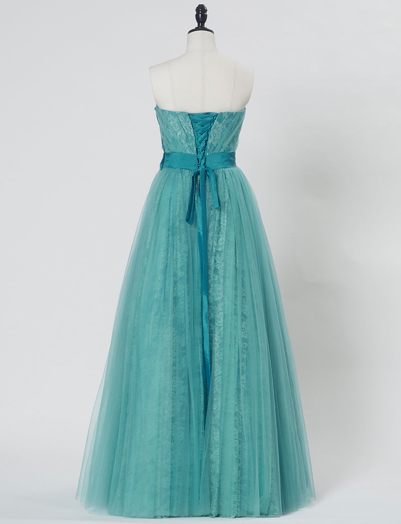 TWEED DRESS(ツイードドレス)のアクアミントロングドレス・チュール｜TH1454-AMTのトルソー全身背面画像です。
