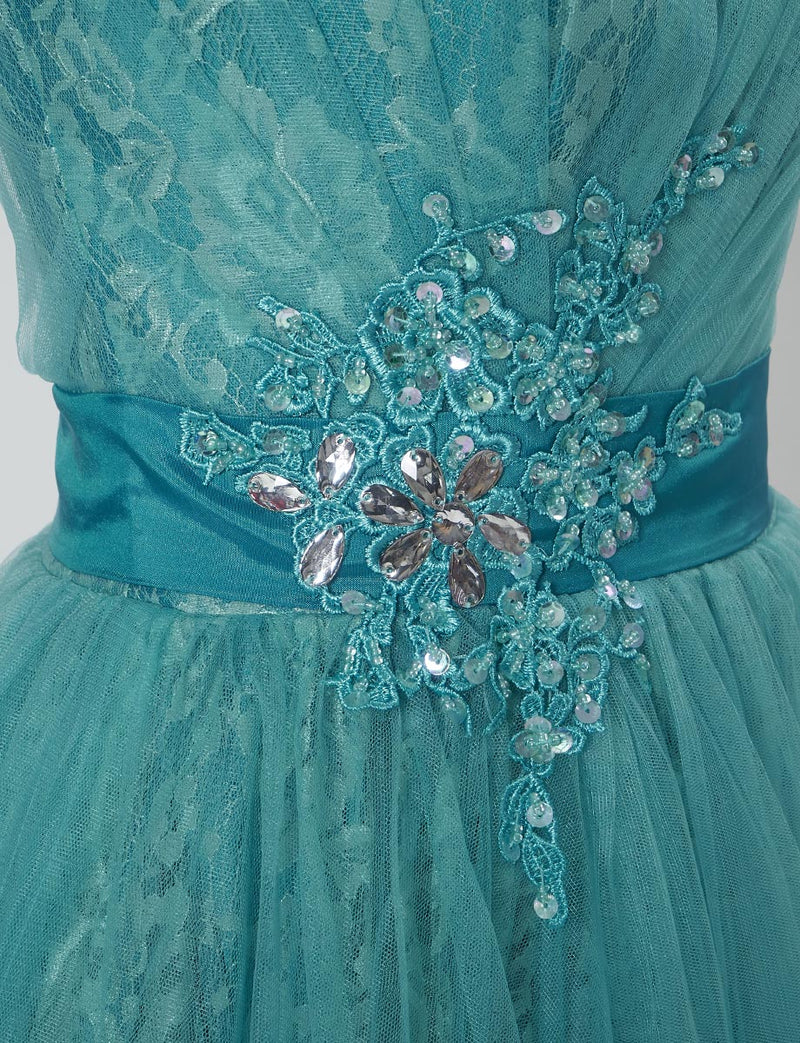 TWEED DRESS(ツイードドレス)のアクアミントロングドレス・チュール｜TH1454-AMTの上半身ウエスト装飾拡大画像です。