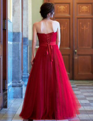 TWEED DRESS(ツイードドレス)のダークレッドロングドレス・チュール｜TH1454-DRDの全身背面画像です。