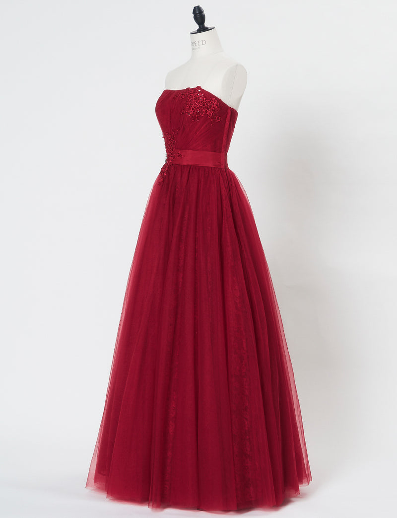TWEED DRESS(ツイードドレス)のダークレッドロングドレス・チュール｜TH1454-DRDのトルソー全身斜め画像です。
